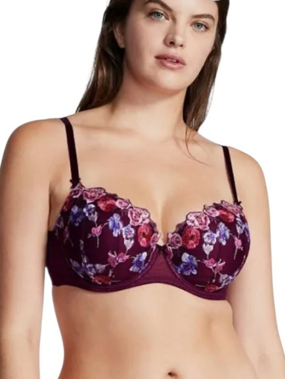 Victoria's Secret Plum Embroidered Balconette Bra with Pink/Purple Floral 36 DDD